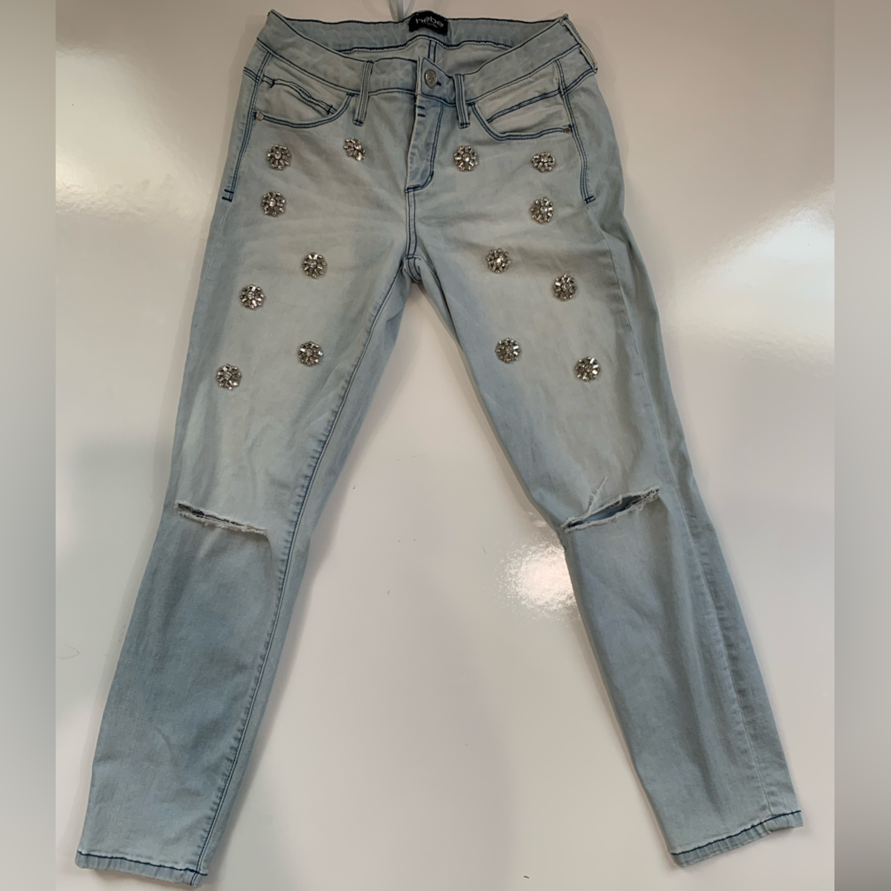 Bebe Light Blue Straight Leg Jeans With Silver Accents Size 28